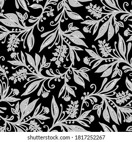 Nahtlose Blumenmuster mit Blättern und Beeren in Schwarz, Weiß und Grau. Handzeichnung. Hintergrund für Titel, Blog, Dekoration. Design für Tapeten, Textilien, Stoffe.