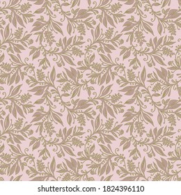 Floral seamless pattern with leaves and berries in chartreuse green pink palette, hand-drawn and digitized. Design for wallpapers, textiles, fabrics.