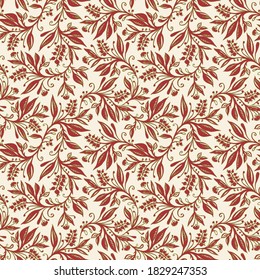 Patrón floral sin fisuras con hojas y bayas en los colores del vino rojo, verde y crema, dibujado a mano y digitalizado. Diseño para papel pintado, textil, tejido, envoltura, fondo.