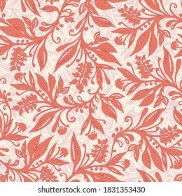 Floral seamless pattern with leaves and berries in coral, red, pink, cream colors, hand-drawn and digitized. Design for wallpaper, textile, fabric, wrapping, background.