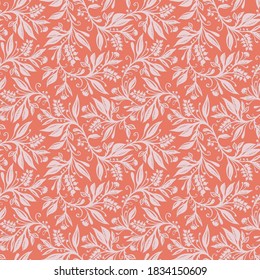 Floral seamless pattern with leaves and berries in coral and pink colors, hand-drawn and digitized. Design for wallpaper, textile, fabric, wrapping, background.