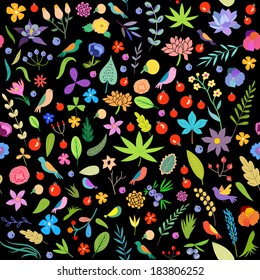 Floral seamless pattern with leaves, berries, birds and flowers in vector