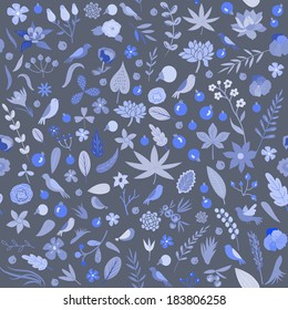 Floral seamless pattern with leaves, berries, birds and flowers in vector