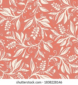 Floral seamless pattern with leaves and berries in coral and cream colors, hand-drawn and digitized. Design for wallpaper, textile, fabric, wrapping, background.