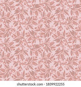 Floral seamless pattern with leaves and berries in coral, pink, taupe colors, hand-drawn and digitized. Design for wallpaper, textile, fabric, wrapping, background.