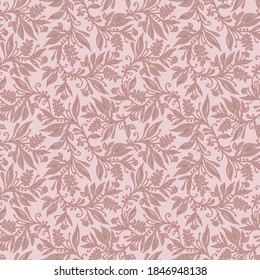 Floral sin costura con hojas y bayas en color vino tinto, taupe y rosa, dibujado a mano y digitalizado. Diseño para papel pintado, textil, tejido, envoltura, fondo.
