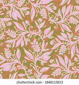 Floral seamless pattern with leaves and berries in coral, pink and chartreuse green colors, hand-drawn and digitized. Design for wallpaper, textile, fabric, wrapping, background.