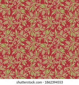 Floral seamless pattern with leaves and berries in wine red, green and cream colors, hand-drawn and digitized. Design for wallpaper, textile, fabric, wrapping, background.