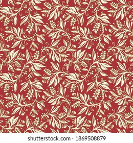 Floral seamless pattern with leaves and berries in wine red, green and cream colors, hand-drawn and digitized. Design for wallpaper, textile, fabric, wrapping, background.