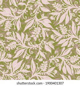 Floral seamless pattern with leaves and berries in chartreuse green, pink and taupe colors, hand-drawn and digitized. Design for wallpaper, textile, fabric, wrapping, background.