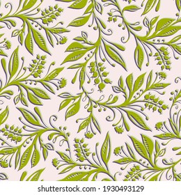 Floral seamless pattern with leaves and berries in chartreuse green and cream colors. Hand drawn and digitized. Design for wallpapers, textiles, fabrics.