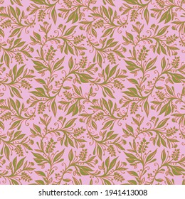 Floral sin costuras con hojas y bayas en coral, color verde rosa y cartón, dibujado a mano y digitalizado. Diseño para papel pintado, textil, tejido, envoltura, fondo.