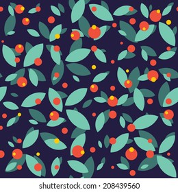 Floral seamless pattern with leaves and berries. Red bilberry illustration. Vector background.