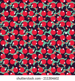 Floral seamless pattern with leaves and berries. Red bilberry illustration. Vector background.