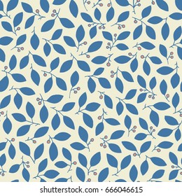 Floral seamless pattern with leaves and berries in blue and white colors. Flat background in vector can be used for textile design