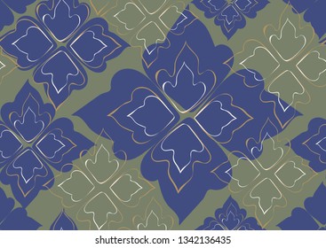 Floral seamless pattern leaves blue background. Abstract vector wallpaper.