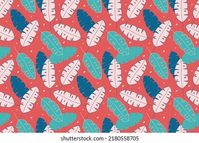 Patrón floral sin costuras con hojas. hojas de primavera azul y turquesa sobre fondo rojo. Floreciente jardín ornamental de verano. Estilo escandinavo. Ilustración del vector