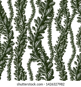 Floral seamless pattern with leaves and branches, vector green fabric background. Tangled stems, garden and forest nature life theme.