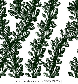 Floral seamless pattern with leaves and branches, vector green fabric background. Tangled stems, garden and forest nature life theme.