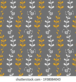 Blumennahtloses Muster mit Blättern und Ästen. Botanische Textilien, Verpackungspapier-Design auf grauem Hintergrund. Design für Postkarte, Poster, Karte, Platine, Briefmarke und andere.