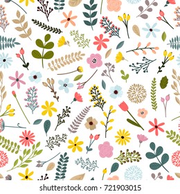 Floral seamless pattern with leaves, branches and flowers. Spring floral background. Vector illustration