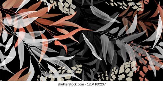 Floral seamless pattern, leaves of eucalyptus and fern on a dark pastel vintage background.