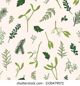 Floral seamless pattern with leaves and evergreen. Simple natural background. Botanical vector illustration.