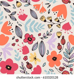 Floral seamless pattern with leaves and fantasy flowers. Vector background