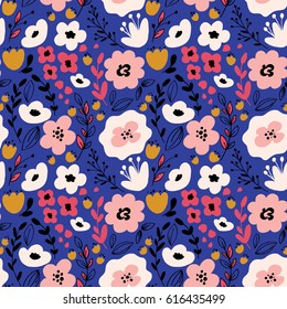 Floral seamless pattern with leaves and fantasy flowers. Vector background 