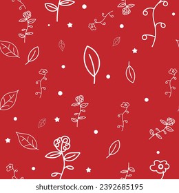 Floral seamless pattern with leaves and flower line art on red background vector illustration.