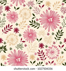Floral seamless pattern with leaves and flowers. Romantic border in vector can be used for wallpaper, web page backgrounds, surface textures. Gorgeous seamless floral background