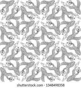 Floral seamless pattern with leaves and flowers. Vector seamless floral background. Black and white Vector illustration. Stylish abstract texture. Repeating geometric tiles from branch elements.