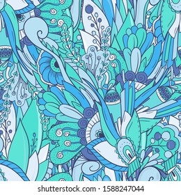 Floral seamless pattern with leaves, flowers and berries.