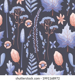 The floral seamless pattern with leaves and flowers. Vector botanical background. Herbarium