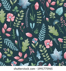The floral seamless pattern with leaves and flowers. Vector botanical background. Herbarium