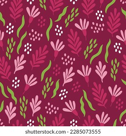 Floral seamless pattern with leaves, flowers, branches, dots on bordo background. Perfect for wallpaper, gift paper, spring and summer greeting cards. Vector illustration