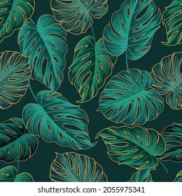Floral seamless pattern with leaves. gold outline tropical background	
