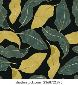 Floral seamless pattern with leaves. gold outline tropical background