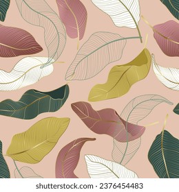 Floral seamless pattern with leaves. gold outline tropical background
