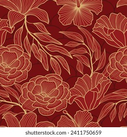 Floral seamless pattern with leaves. gold outline, tropical background