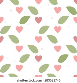 Floral seamless pattern with leaves and hearts. Simple vector background.