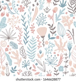 Patrón floral sin fisuras con hojas y hierbas. Dibujo de líneas dibujadas a mano en un sencillo estilo escandinavo en un reducido color pastel. Ideal para imprimir en tela, textil, embalaje, papel pintado.