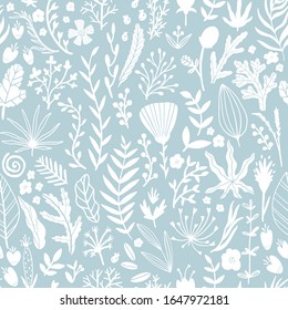 Floral seamless pattern with leaves and herbs. Hand drawn sketch line illustration in simple scandinavian style in limited pastel color. Ideal for printing onto fabric, textile, packaging, wallpaper.