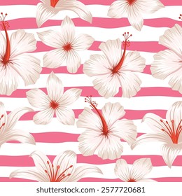 Floral seamless pattern with leaves with horizontal abstract pink line. tropical background