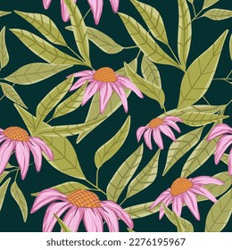 Patrón floral sin soldadura con ilustración de hojas sobre fondo de color verde oscuro.