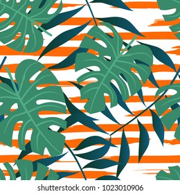 Floral seamless pattern with leaves on seamless hand drawn brush pattern