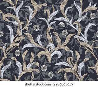 Floral seamless pattern with leaves on dark background. Vector illustration.