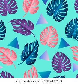 Floral seamless pattern with leaves, and triangles tropical background