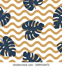 Floral seamless pattern with leaves. tropical background with wave horizontal lines