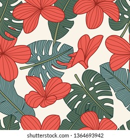 Floral seamless pattern with leaves. tropical background